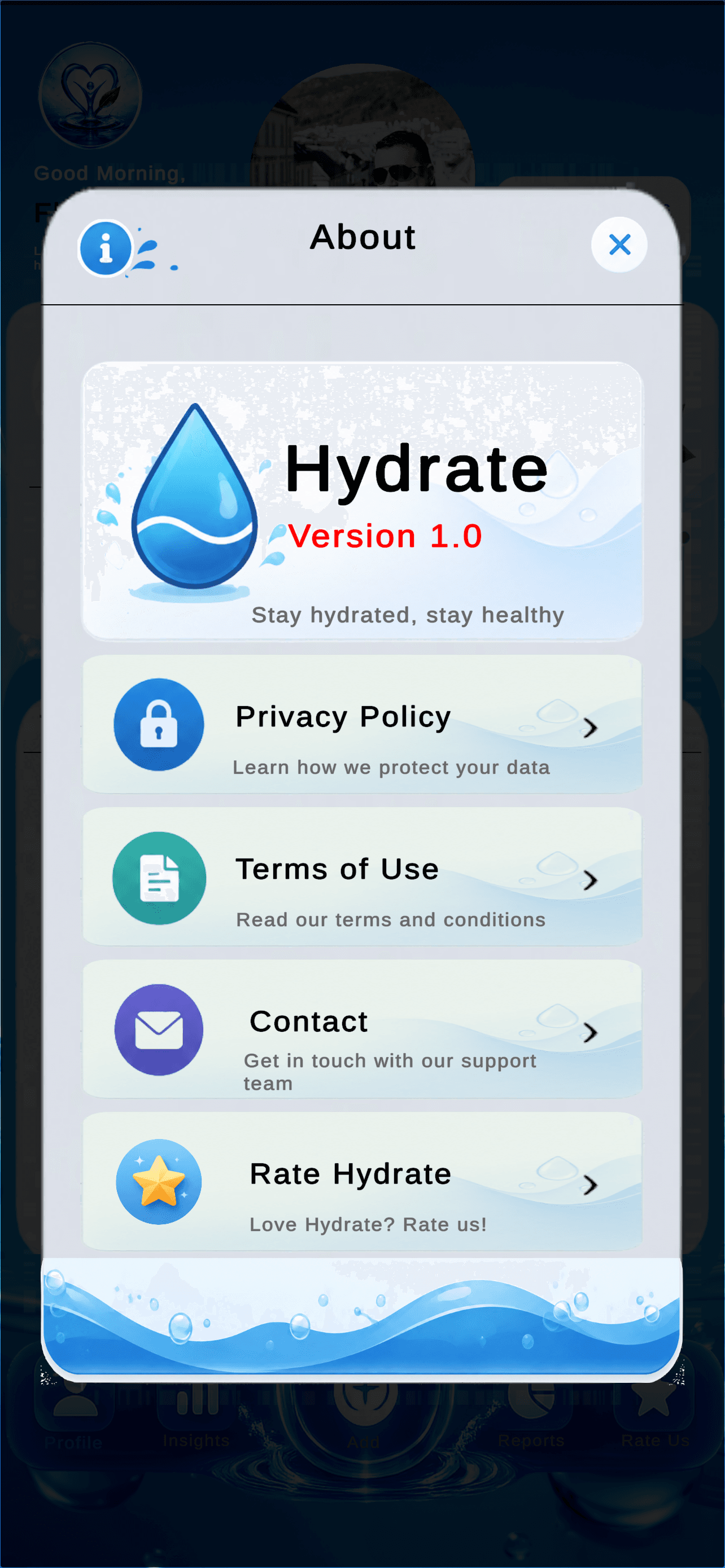 Hydrate settings screen with privacy policy and contact options